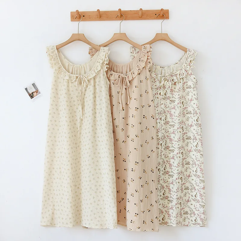 

Summer Cotton Dresses Women 100% Korean Fashion Nightgowns Flounce Floral Nightdress Suspender Princess Sleepwear Outside Wear