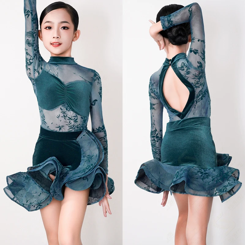 Bambini Cha Cha Samba Costume da ballo latino Ragazze Salsa Vestito da ballo latino Vestito da ballo per ragazze Gonna da ballo standard Abito da ballo