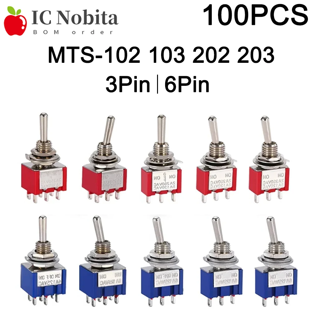 100PCS MTS-102 MTS-103 MTS-202 MTS-203 Mini Toggle Switch 3Pin 6Pin ON-OFF-ON ON-ON 6A 125VAC for Lamp Light Switch