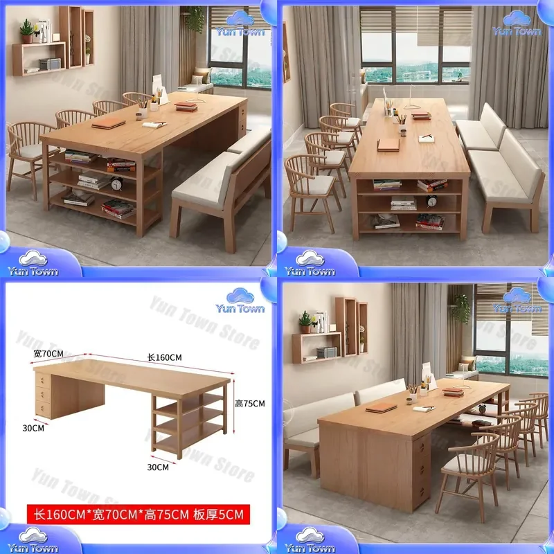 Solid Wood Desk Bookcase Integrated for Nordic Office Home Studio Long Workbench with Drawers Desktop Organizer Workstation