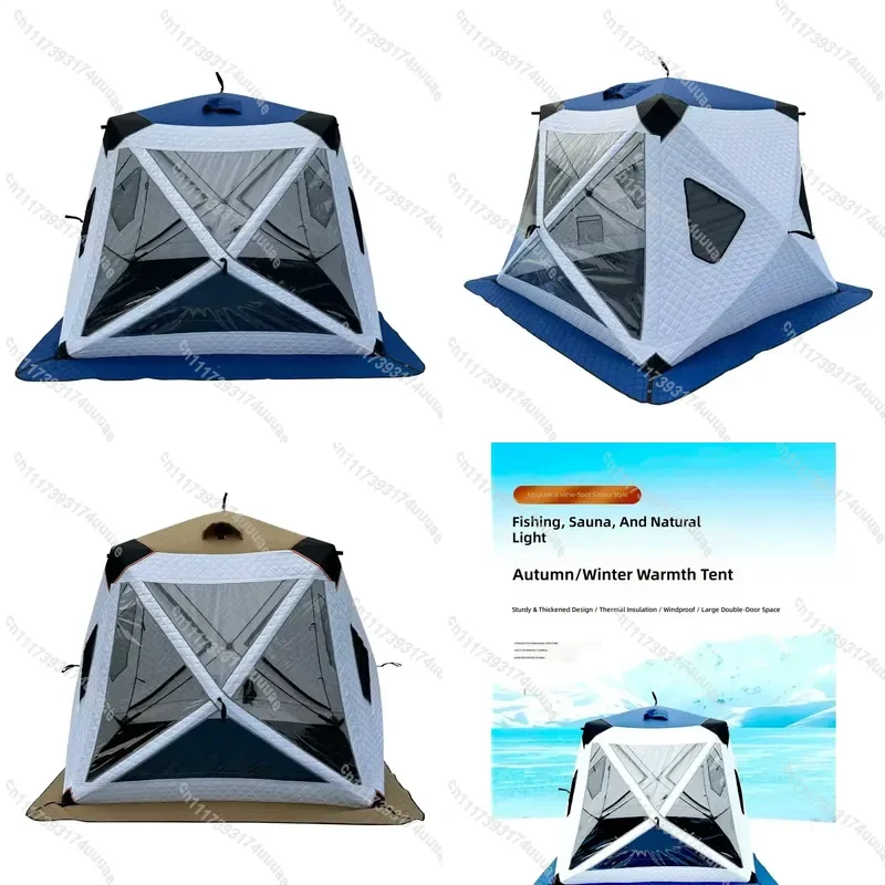 Portable Ice Fishing Tent with Large Window and Chimney for Wood Stove Winter Shelter Thickened Warm Lighting