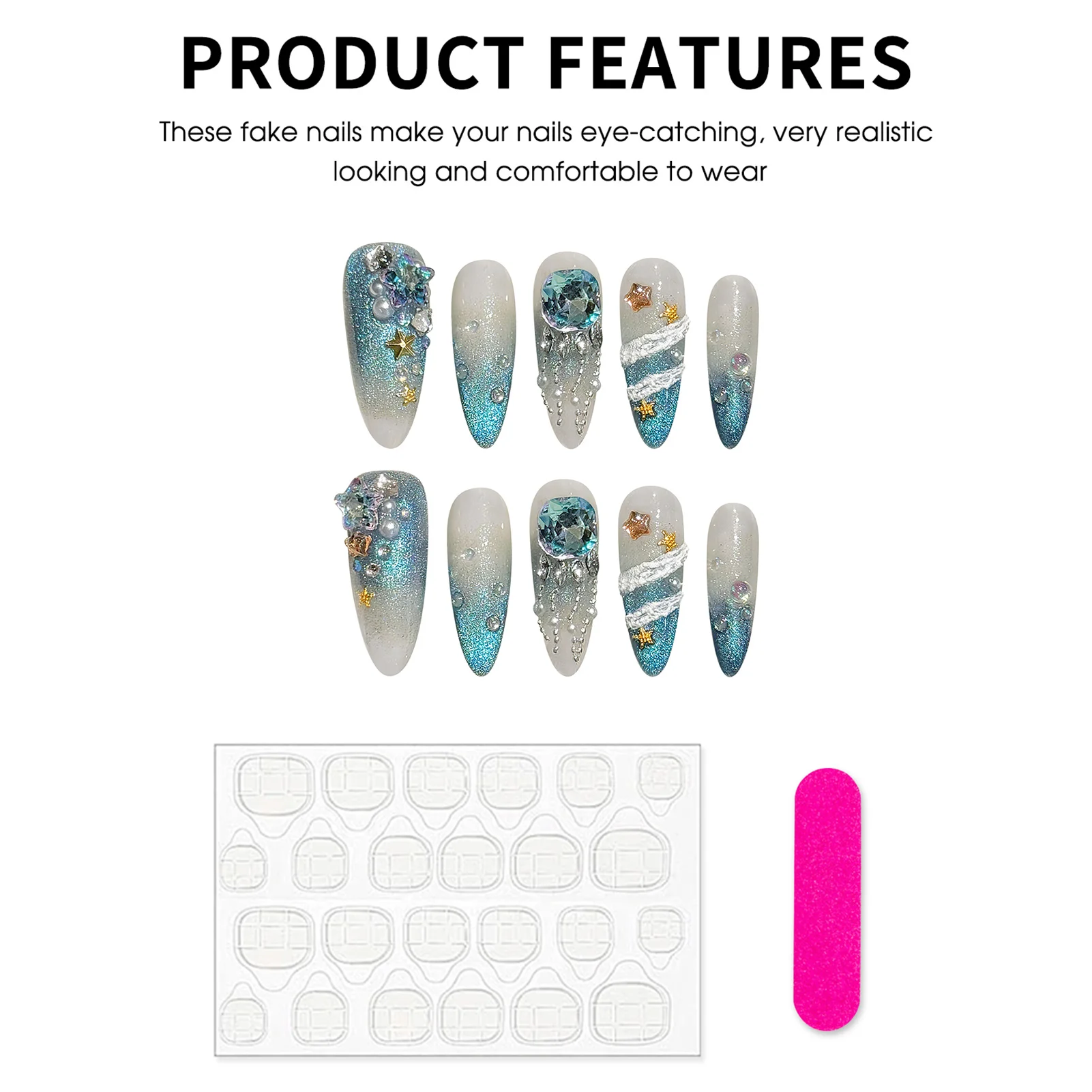 10pcs Handmade Long Almond False Nails Aurora Blue Green French Cat\'s Eye Press On Nails Gold Star Pearl Diamond Decor Fake Nail
