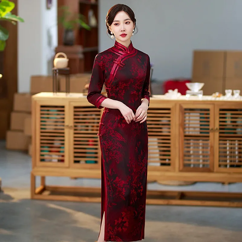 Yourqipao Spring Stand-up Collar Red Retro Cheongsam Banquet Evening Dress Qipao Traditional Chinese Clothing for Women