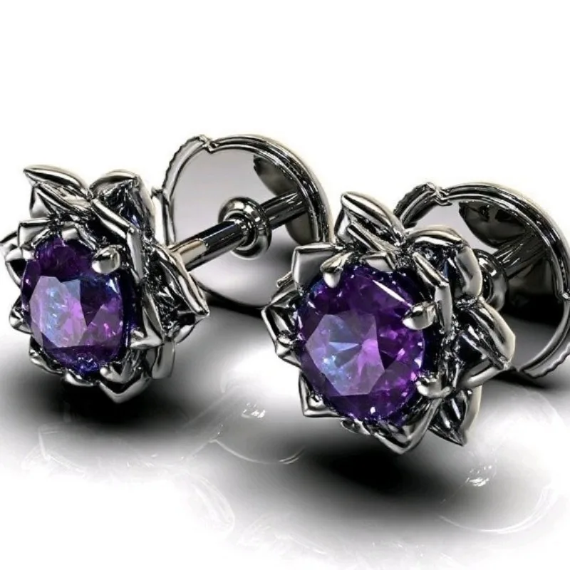 Vintage Round Inlaid Purple Stone Flower Stud Earrings Geometric Black Color Earrings for Women Jewelry Valentine's Day Gift