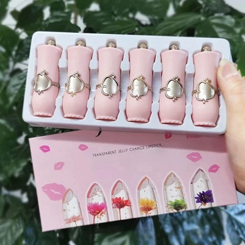 ชุดลิปสติกสำหรับแต่งหน้า6ชิ้นลิปกลอสสีชมพูเจลลี่คริสตัลใสติดทนนานเปลี่ยนสีได้ลิปกลอส