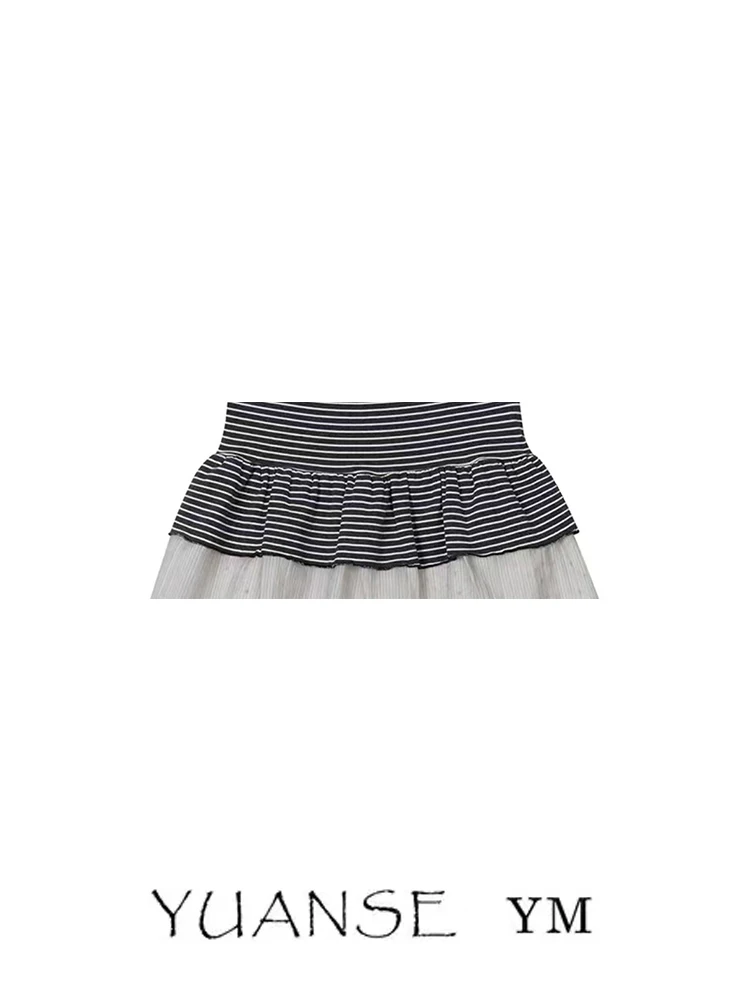 High Waist A-Line  Skirt Women's Summer Pleated Stripe Splice Cake Skirt Korean Sle Baking Sweet ort Skirt