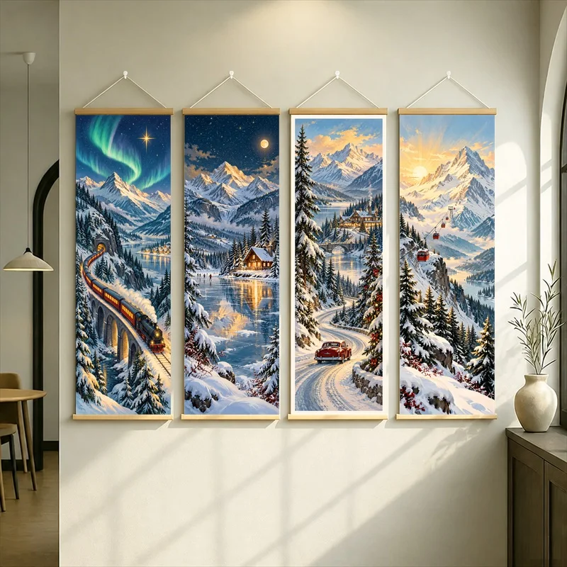 Snowy Mountains Hanging Scroll with Aurora Skies and a Cozy Cabin in a Vivid Winter Landscape Style for a Living Room