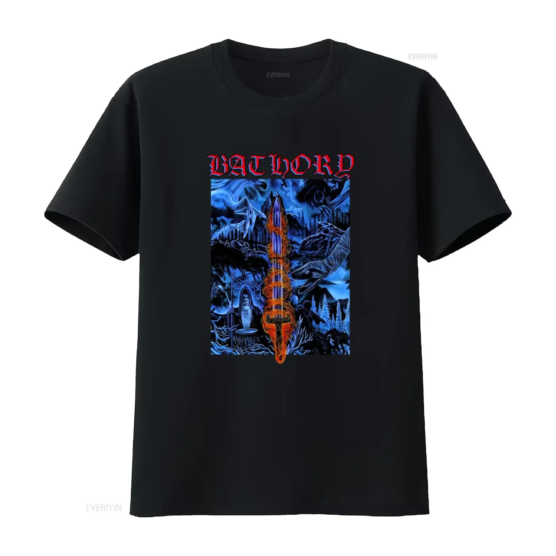 New DTG BATHORY Blood on Ice T shirt with Fantasy Sword and Mythical Creatures Design vintage Washed Soft Casual fashion