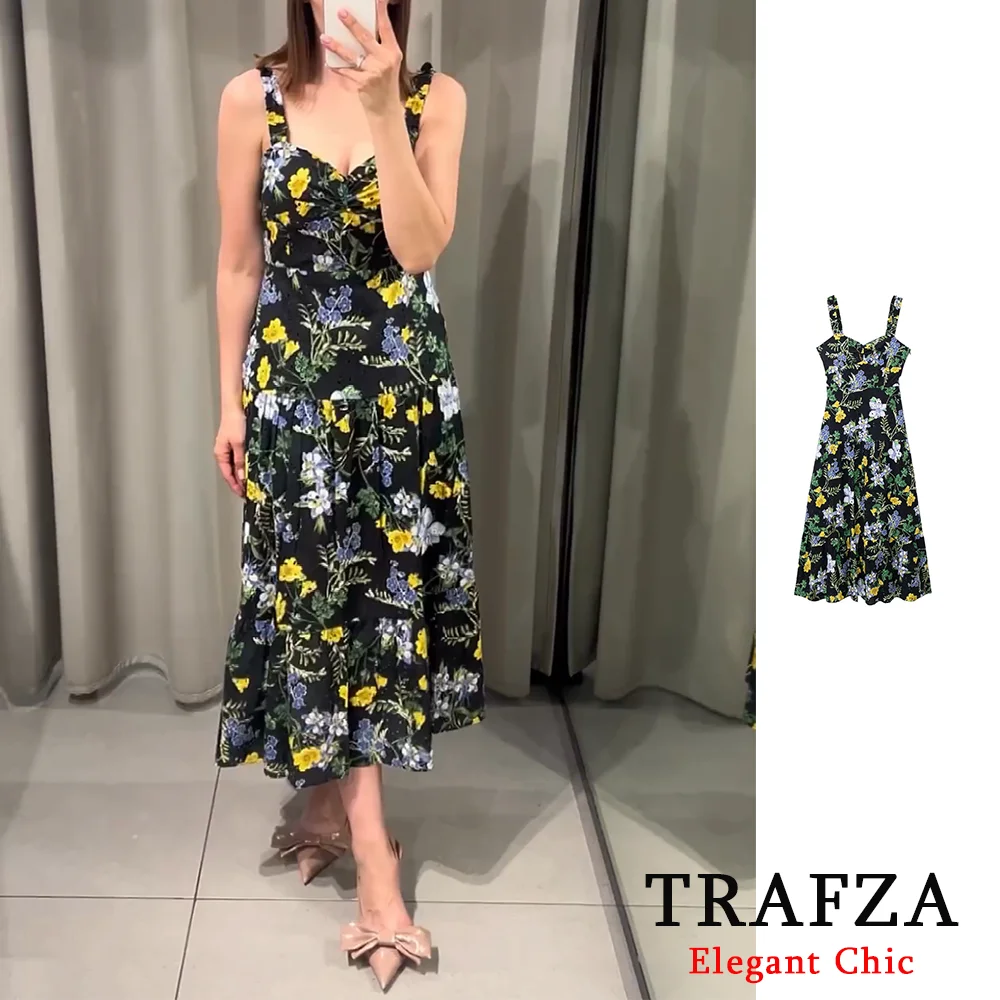 TRAFZA Vintage Flower Print Midi Women Dress Fashion 2024 Summer OOTD Zipper Cami Dress Elegant Beach Party Date Holiday Dress