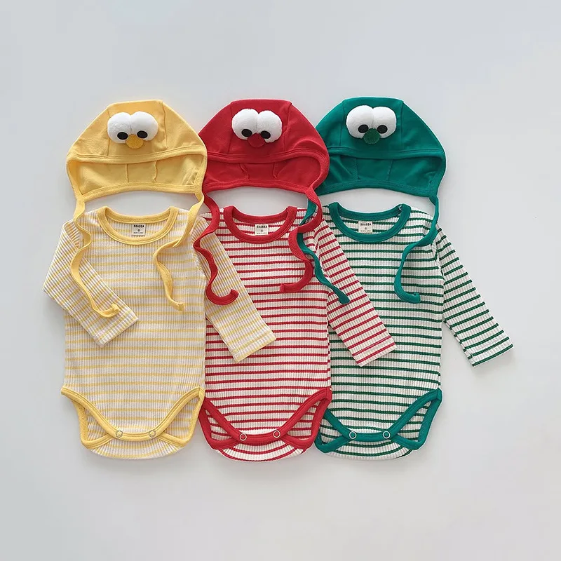 2026 Spring New Baby Long Sleeve Bodysuit + Hat Cotton Infant Boy Girl Fashion Striped Casual Jumpsuit Newborn Clothes 0-24M