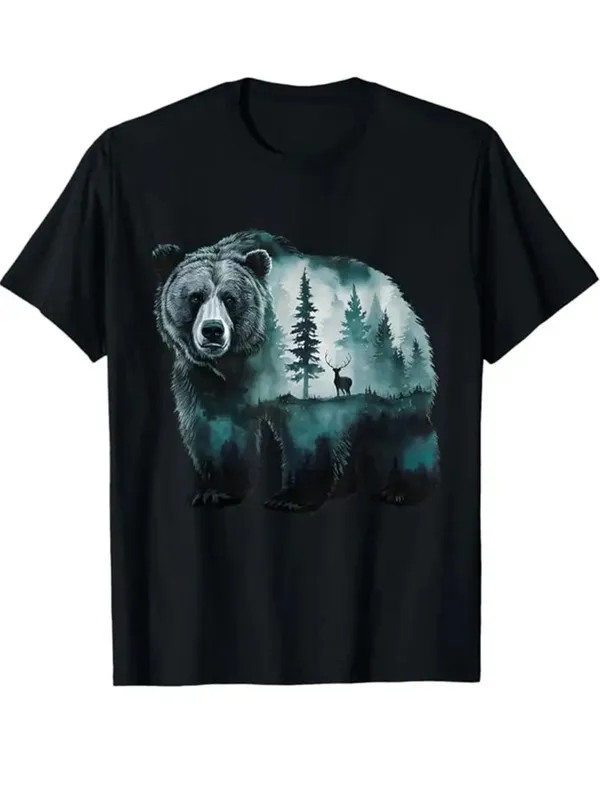 Men's Black Cotton T - Shirt with Double - Exposure Bear & Forest - Deer Print, Casual Outdoor Style, Breathable All - Season, Comfortable & Machine - Washable for Hiking/Daily Wear