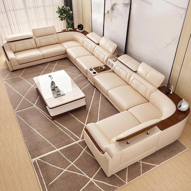 

Modern Leather U Shaped Sectional Living Room Leather Sofa Set Luxury Furniture Hot Selling Smart Sofa 7 Seater