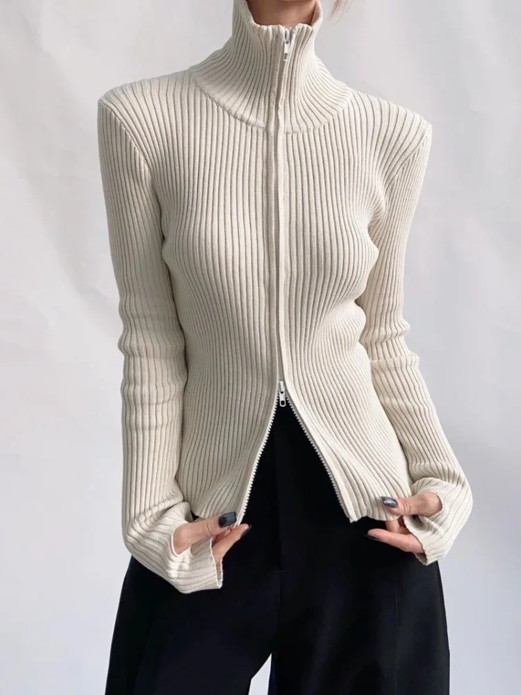 Knitwear Women Cardigan Coat Temperament Vintage Sueter Turtlenevk Double Zippers Pull Femme Autumn Casual Ribbed Sweater Tops