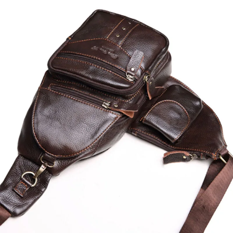 Men Sling Bag Genuine leather Cowhide Travel Retro famous brand Studded Messenger Shoulder Sling Day Pack Chest  Bag