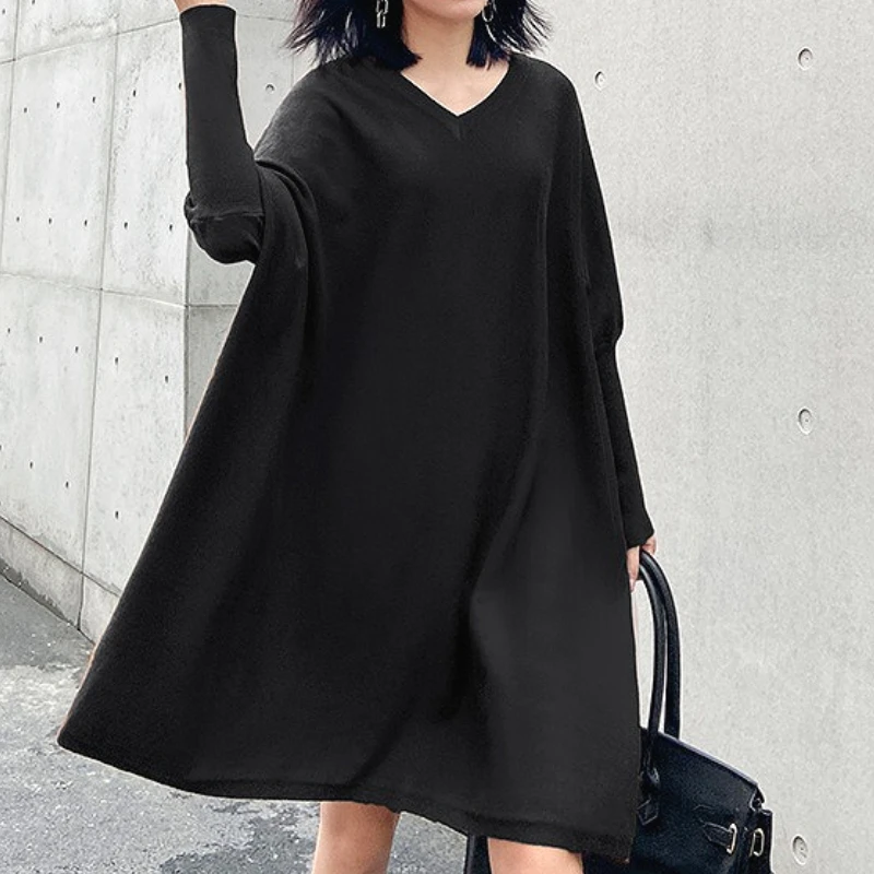 Women Knitted Dresses Solid Mid Length Dress V Neck Batwing Sleeve Slight Stretch Loose Fit Casual Streetwear 2025 Spring Autumn