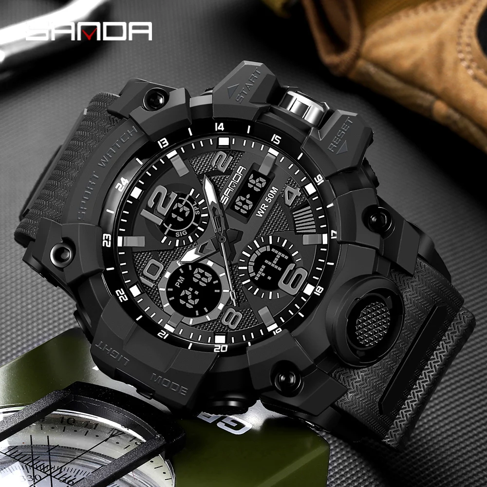 SANDA 6021 Sport Watch for Men Waterproof LED Dual Display Quartz Wristwatch Mens Digital Clock Military Stopwatch Reloj Hombre