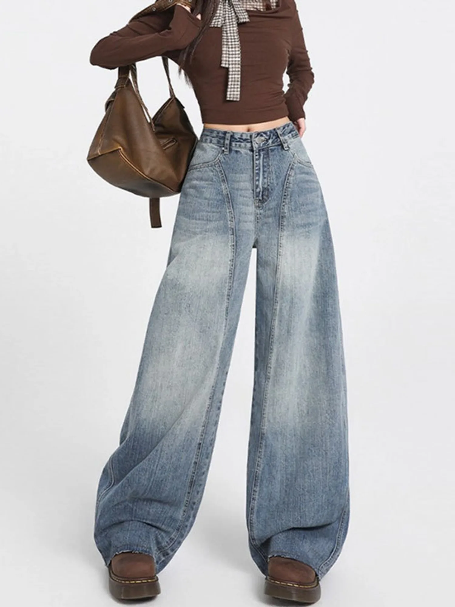 Women's Wide Leg Jeans High Waist Vintage Wash Distressed Panel Stitching Baggy Denim Pants Y2K Streetwear