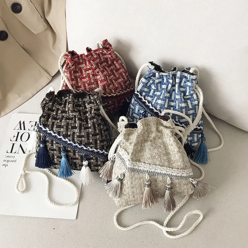 

Китайская холщовая антикварная сумка в этническом стиле, вязаная маленькая сумка, сказочный кошелек, женская сумка-ведро с кисточкой сумка для косплея