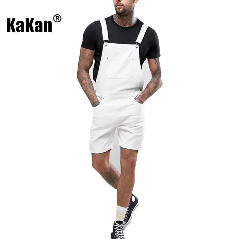 

Kakan - New Street Trendy Men's Strap Short Jeans From Europe and America, White Straight Strap One Piece Jeans K34-211