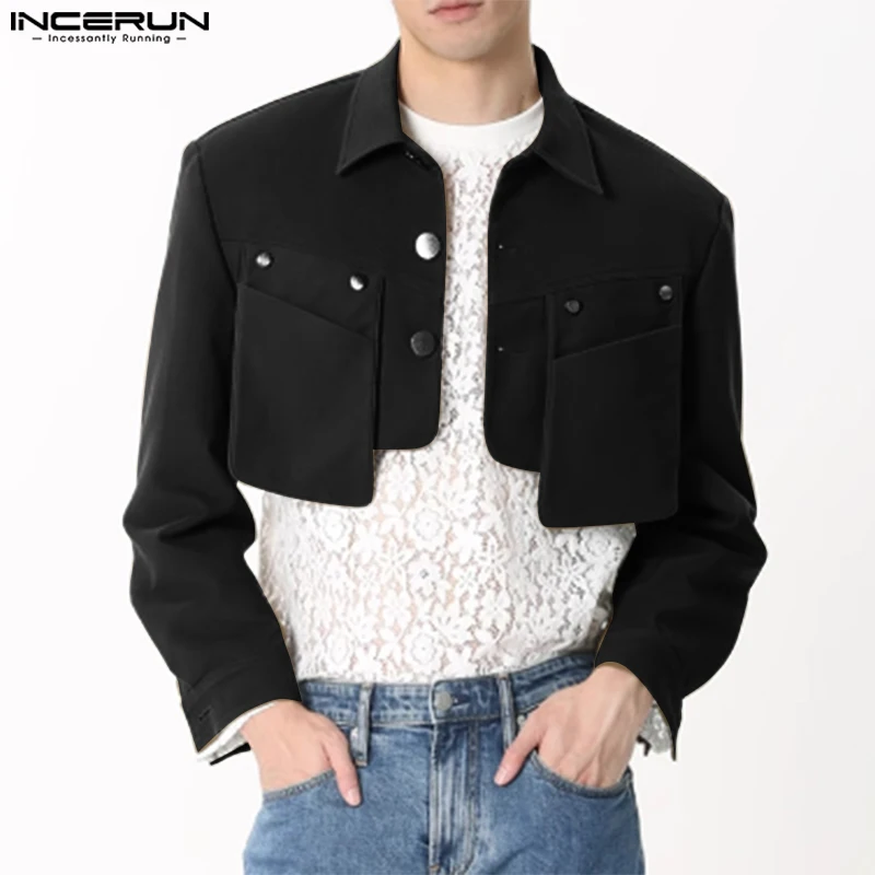 Incerun Heren Jassen Effen Kleur Revers Lange Mouw Knoop Streetwear Casual Mannen Crop Jassen Zakken 2024 Mode Jassen S-3XL