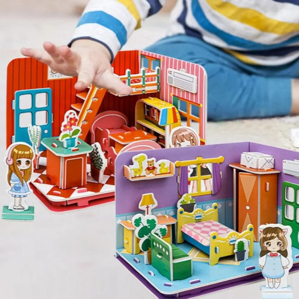 

Living Room DIY Puzzle Dollhouse Room Study Kitchen Pretend Play Paper Doll House Cardboard Cartoon 3D Paper Puzzle Room