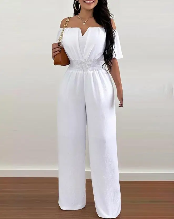 

Jumpsuits for Women 2023 Spring Fashion Off Shoulder Casual Plain Short Sleeve Shirred Waist Daily Long Wide Leg Jumpsuit