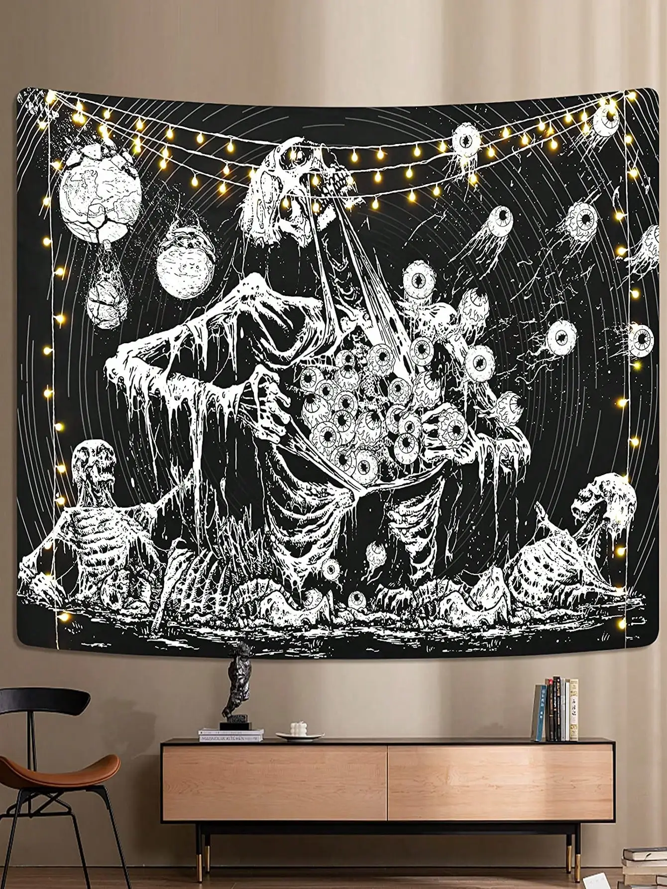 Gothic Black and White Tapestry, Dark Skeleton Skull Moth Demon Moon Butterfly Tapestries for Living Room Dorm