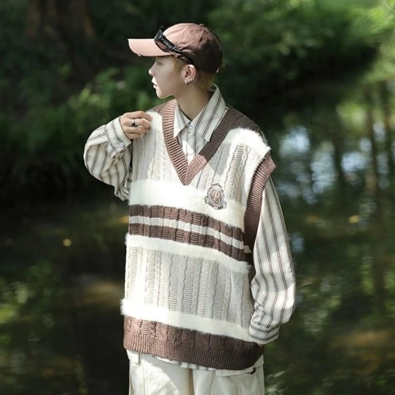 

Вязаный кардиган для пары, жилет, осенний пуловер в японском стиле с v-образным вырезом, свободный крой, модная верхняя одежда Academy с цветными блоками