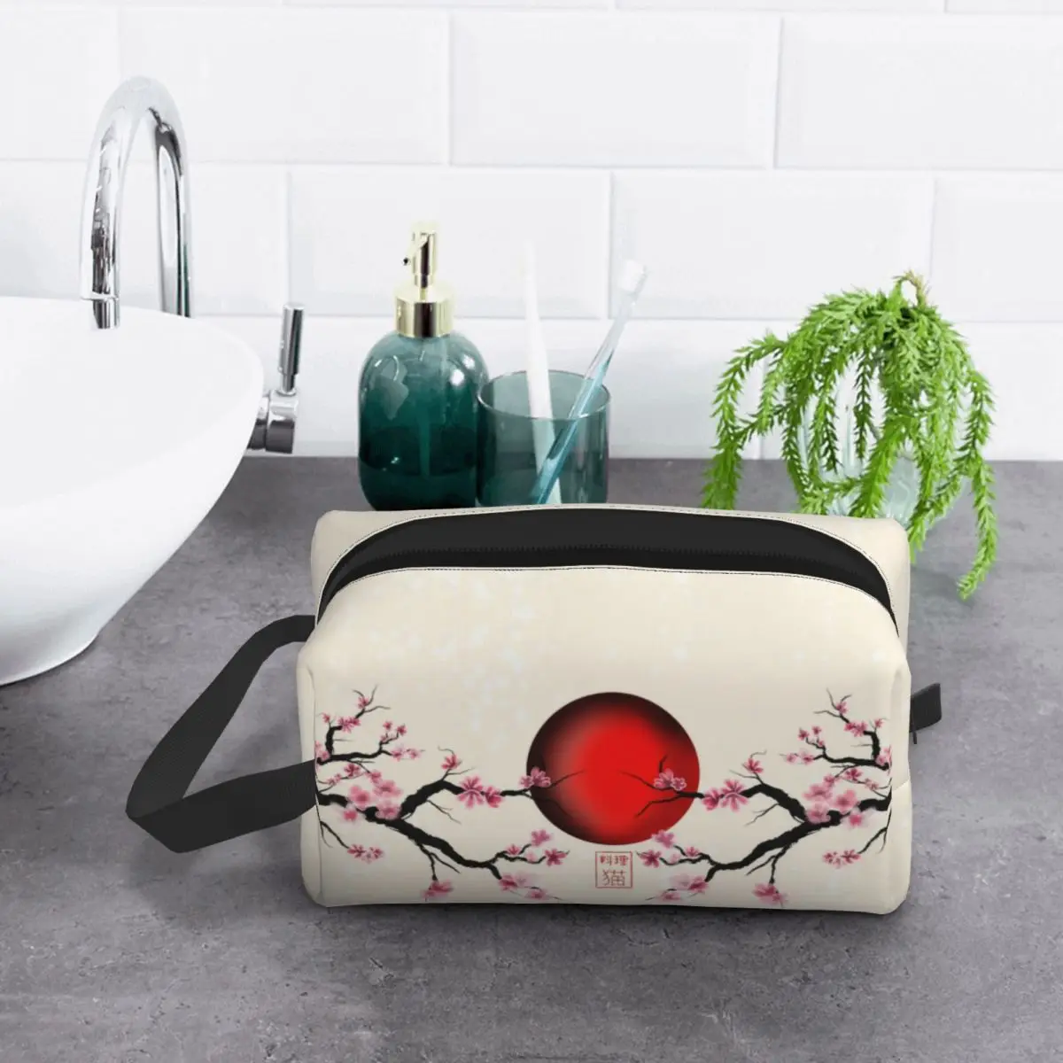 Bolsa de aseo de viaje para mujer, Kit de almacenamiento de flores de cerezo Sakura japonés con un sol rojo naipe, bolsa de maquillaje cosmético de flores, Dopp