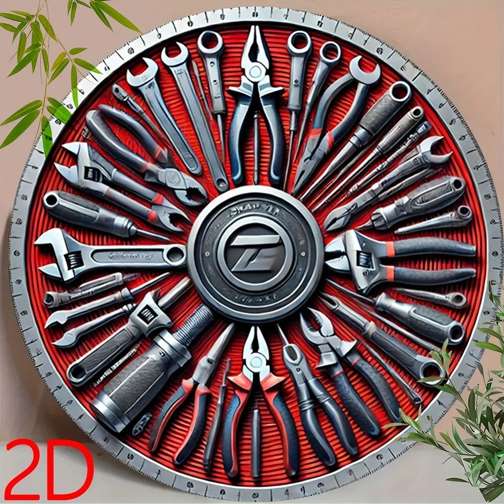 1 Stück 8" 2D flaches rundes Metallschild – klassisches Retro-Werkzeugdesign mit roten und schwarzen Griffverzierungen, Wandkunst für Zuhause, Bar, Café