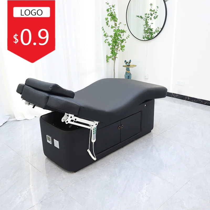 Electric Facial Bed Black PU with Face Hole Built-in Storage Cabinet Adjustable Backrest Massage Table for Beauty Salon Spa Clin
