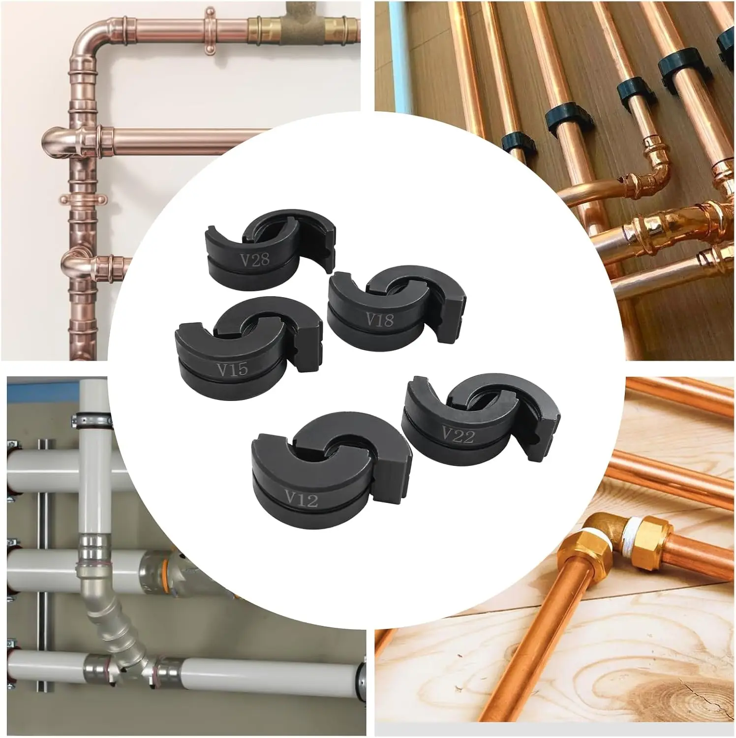 5-teiliges Druckzangen-Set für 12mm 15mm 18mm 22mm 28mm Kupferrohre, Presswerkzeuge für Kupfer- und Edelstahlrohre, Schwarz