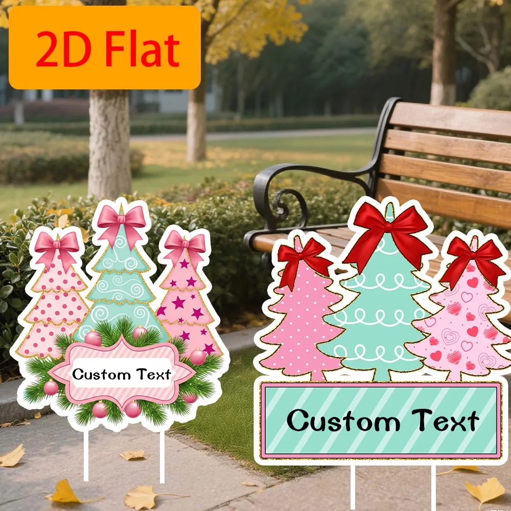 1 estacas de jardín de árbol de Navidad de color rosa plano 2D con texto personalizado, recortes de árbol de color rosa dulce, ideales para agregar una personalización