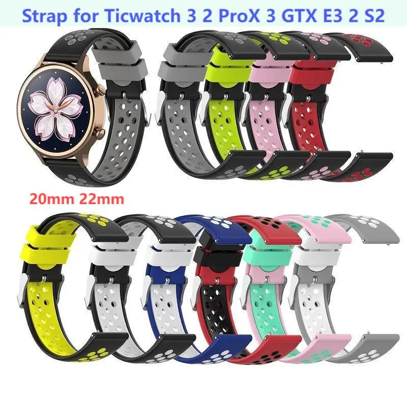 20mm 22mm Sports Bicolor Strap for TicWatch ProX Pro3 GTX Silicone Band For TicWacth Pro 3/2021/S X/GTX GTW/E2 S2/GTH E3 E