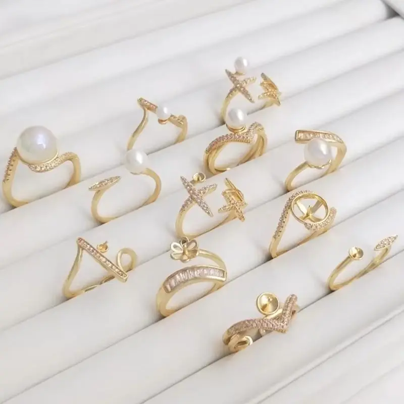 

Micro-inlaid zircon 14K gold plated half hole Pearl ring Fashion luxury DIY stick crystal pearl empty ring ring