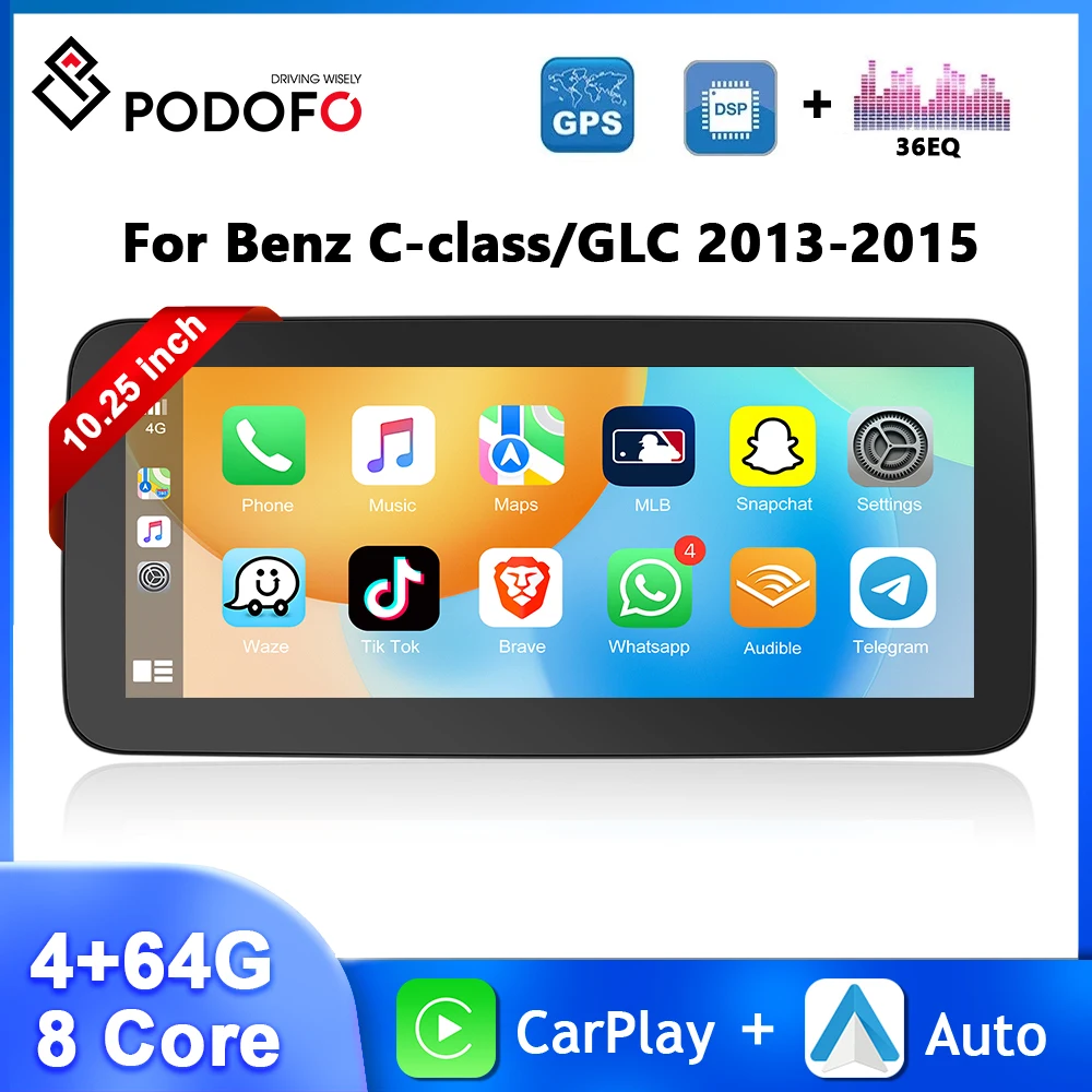 Podofo WIFI 4G 10.25'' Car Radio For Benz C-class/GLC 2013-2015 4+64G 8Core Carplay Android Auto WIFI GPS Naviagtion Car Stereo