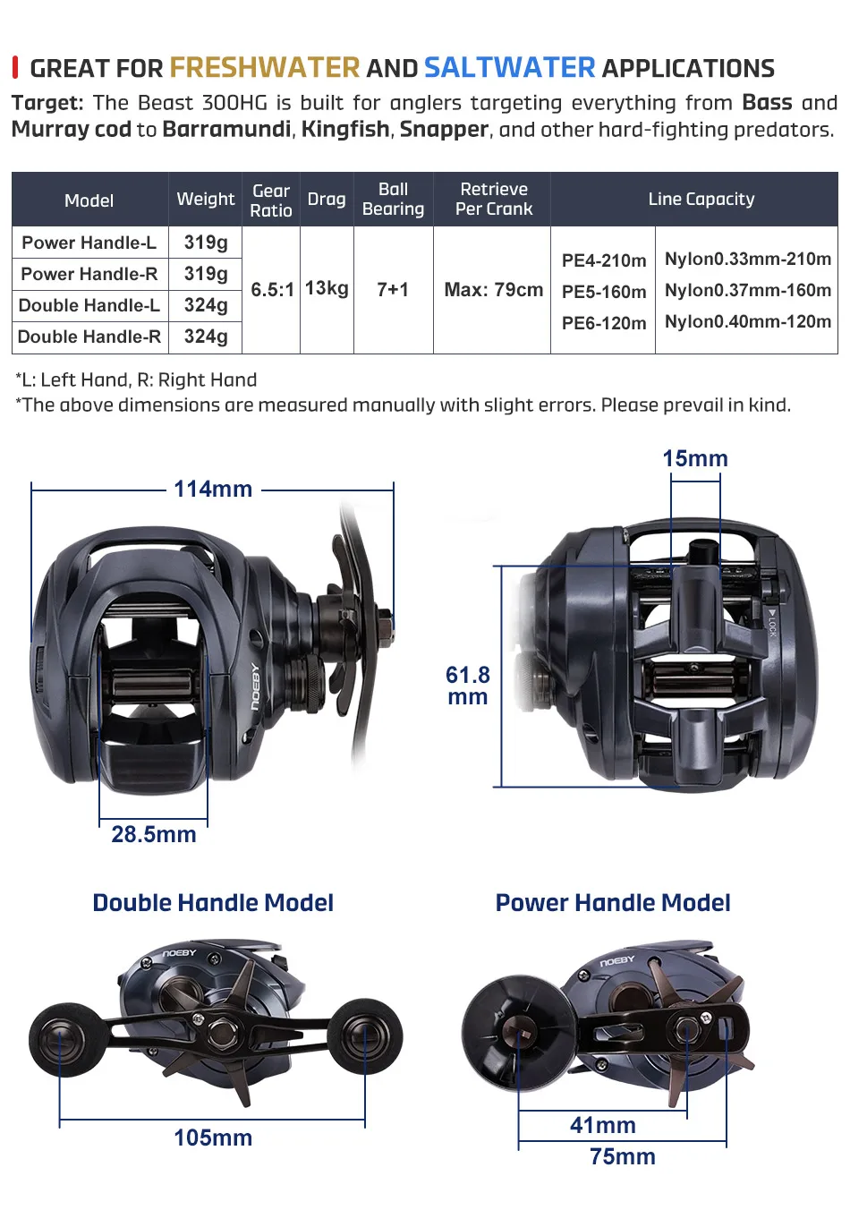 NOEBY Beast 300HG Baitcasting-Rolle, maximale Bremskraft 13 kg, Übersetzungsverhältnis 6,51, magnetisches Bremssystem, Süßwasser-Salzwasser-Angelrolle – Detail 3
