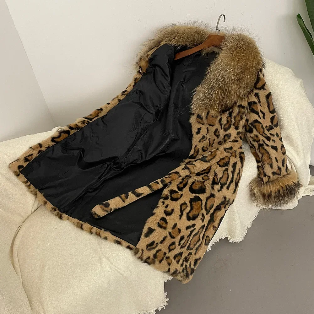 2024 autunno/inverno stampa leopardata vera pelliccia di coniglio cappotto di pelliccia di volpe di media lunghezza da donna abito di pelliccia