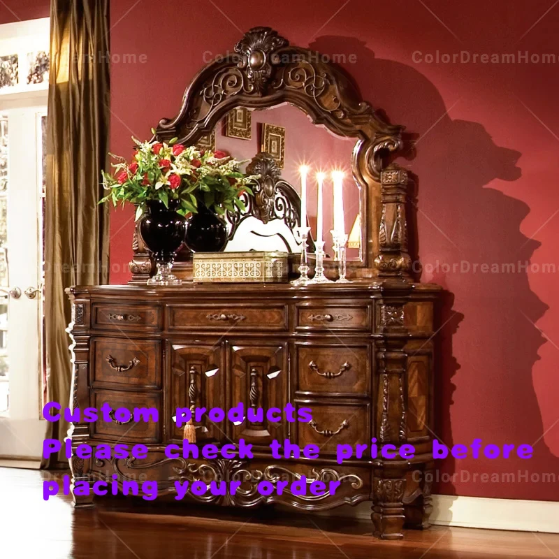 custom.Antique Design Bedroom Furniture Classic America Style Bedroom Decor Handmade Solid Wood Carved Dresser with Mirror