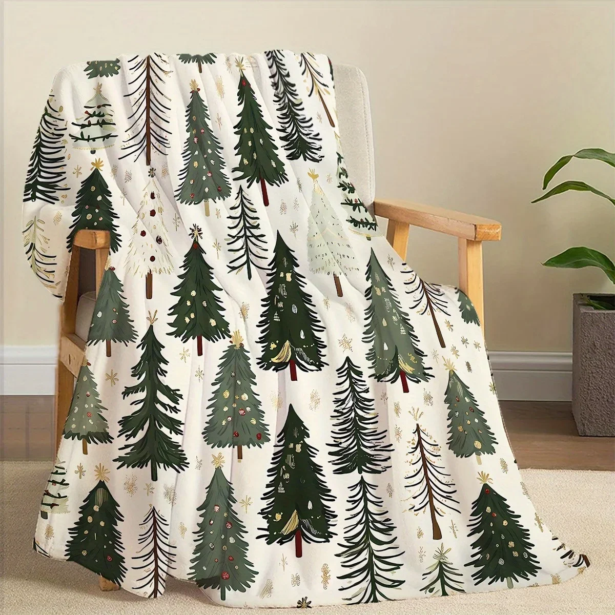 1pc Christmas Tree Print Blanket - Soft Flannel All-Season Cozy Throw with Green Pine Trees & Golden Stars, Machine Washable Mod