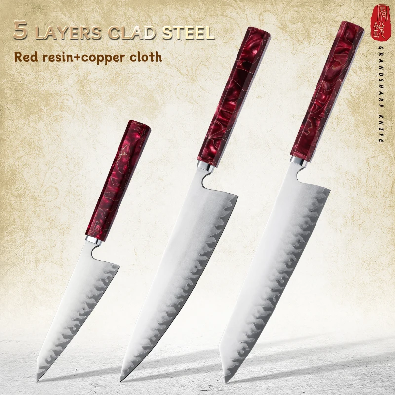 

Grandsharp Sashimi knives Set 1-3Pcs Japanese 5 Layers Clad Steel Knife Hand-Forging Chef Cleaver Knives Set Resin Handle