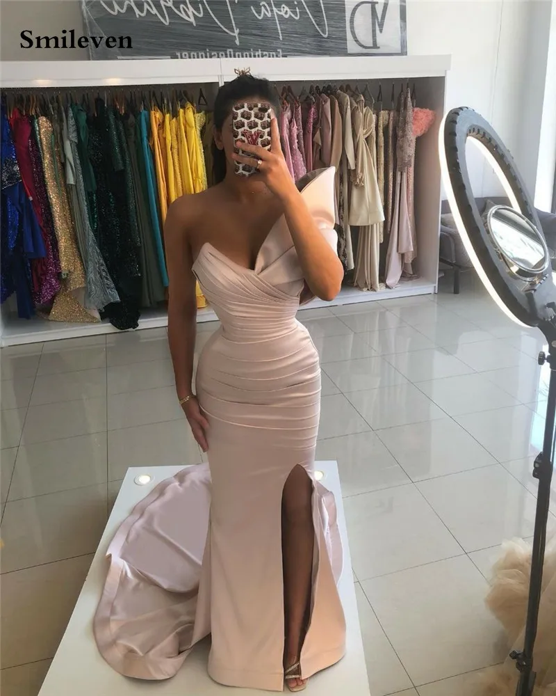 Smileven Mermaid Nude Pink Evening Dress Women Sleeveless robe de soirée Side Split Bidycon Party Gowns