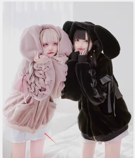 Japanese Cute Bow Design Woolen Coats for Women 2023 Winter New Fleece-lined Thick Loose Hooded Warm Plush Fur Coat Overcoat