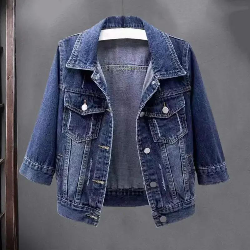 Spring Autumn Women Denim Jacket Lapel 3/4 Sleeve Flap Pockets Denim Coat Single Breasted Casual Short Coat Lady Outerwear