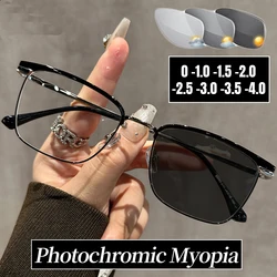 Luxury Photochromic Myopia Glasses Anti Blue Light Short-sighted Sunglasses Unisex Metal Frame Minus Diopters Sunglasses To -4.0