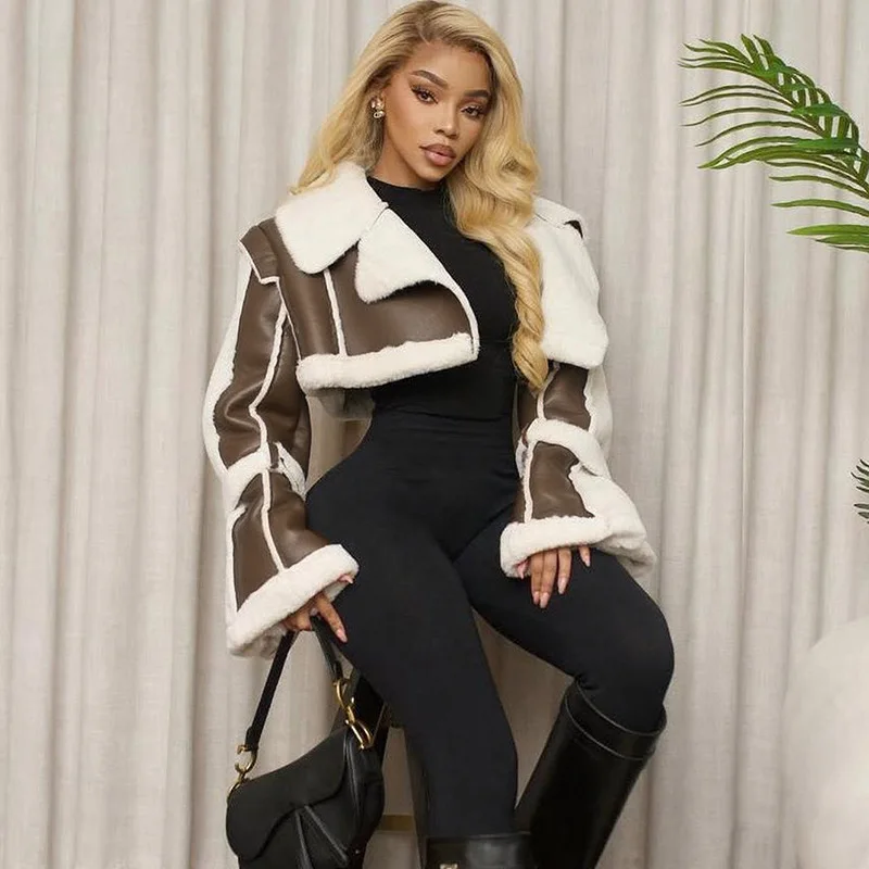 Veste de manteau en fourrure de couleur contrastée pour femme, Sexy, Ultra-courte, revers, nouvelle Collection automne/hiver 2025