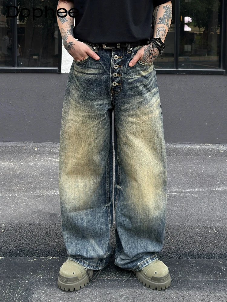 

Men's 2026 Summer New Fashion Single-breasted Jeans Trendy Loose Comfort Denim Trousers Pocket Decoration Handsome Denim Pants