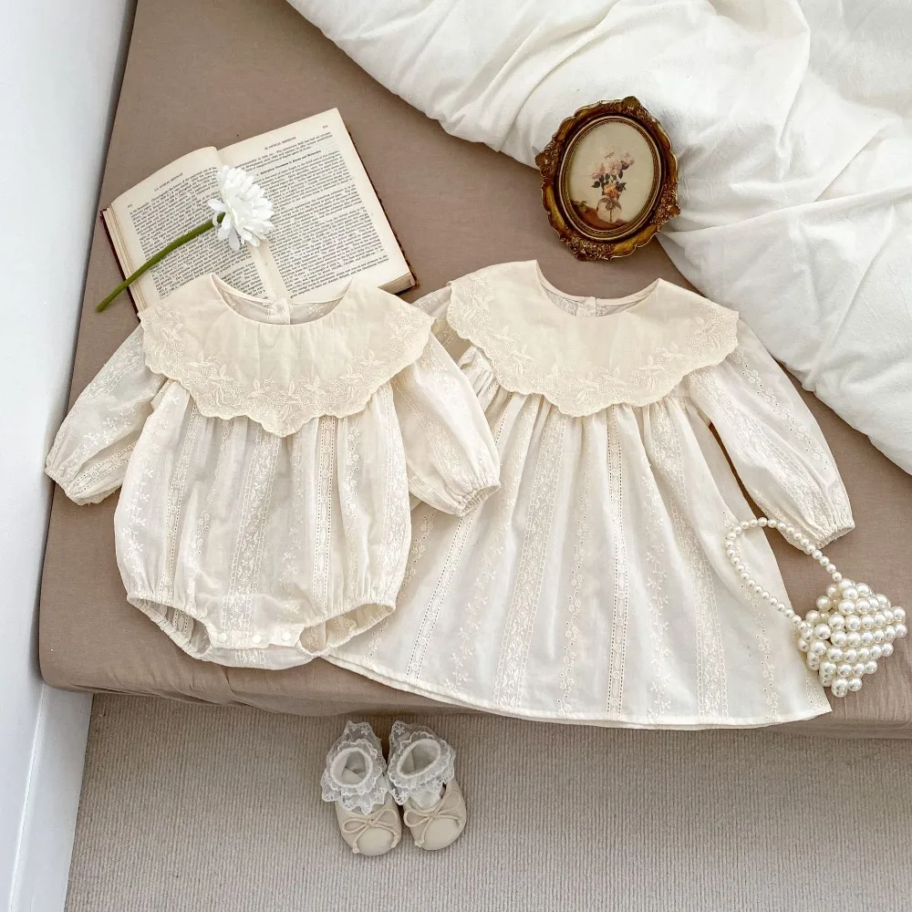 Baby Girl Floral Embroidery Long Sleeve Romper 2026 Spring Autumn Big Lapel Cute Infant Bodysuit Sister Matching Outfit
