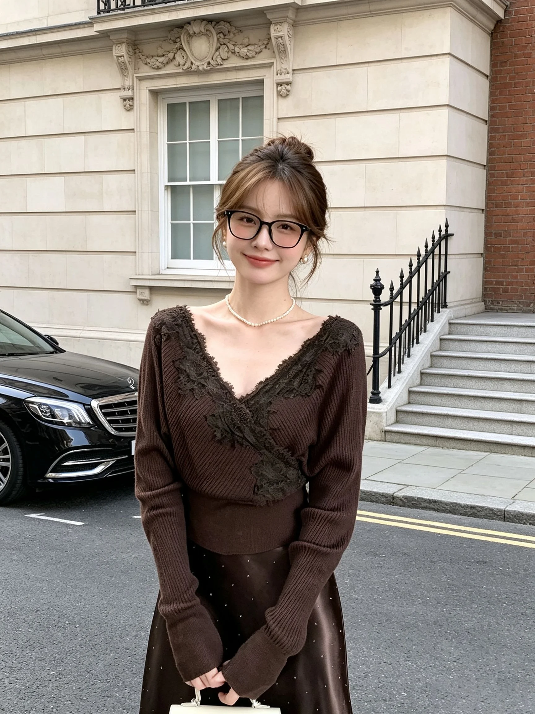Autumn Light Maturity Style Lace Splicing Cross V-neck Knitted Sweater Women Design Sense Versatile Slimming Slim Top