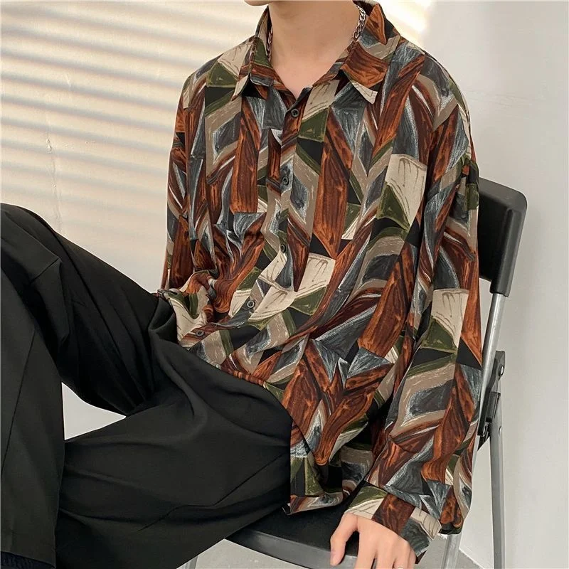 Camisa antiga de manga longa masculina, streetwear vintage, moda estilo coreano, roupas de design, estampada completa, top hip-hop